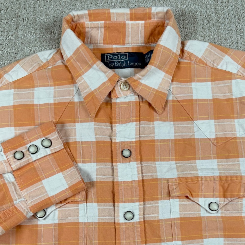 Polo Ralph Lauren Mens Medium Orange Pearl Snap Western Button Up Shirt *Read